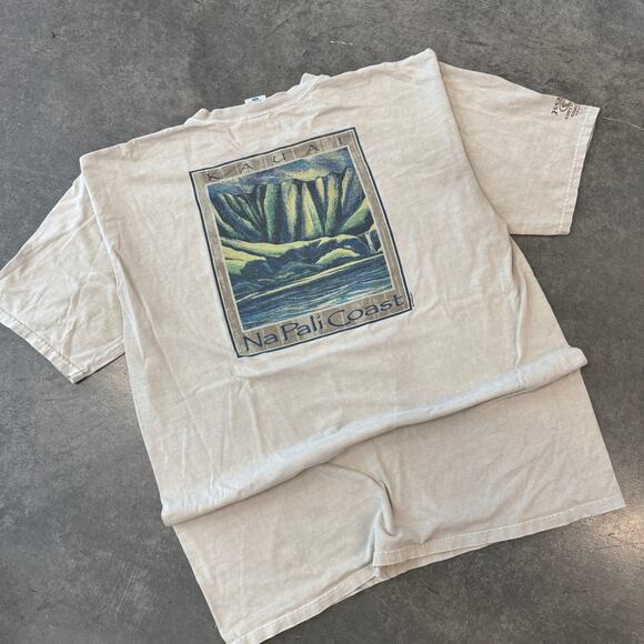 Vintage Y2K Kauai Napali Coast Beige Surf Nature Graphic Tee Crazy Shirt XL - Picture 1 of 5